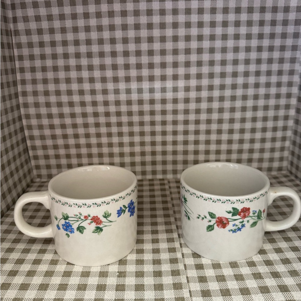 Farberware White Ceramic Mugs with Blue & Red Floral Garland - Set of 2